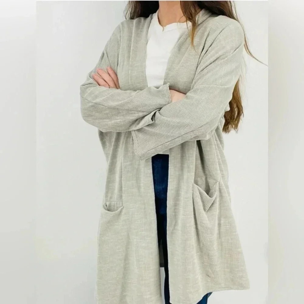 Anthropologie Donni Sandwash Ribbed Open Cardigan Grey White Texture Stripe EUC